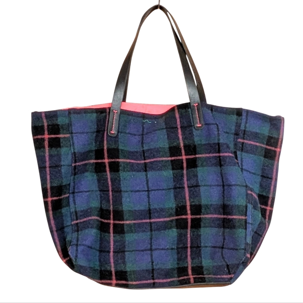 Gap Plaid Wool Blend Tote Bag with Black Handles Large 15 X 15 Casual Lined